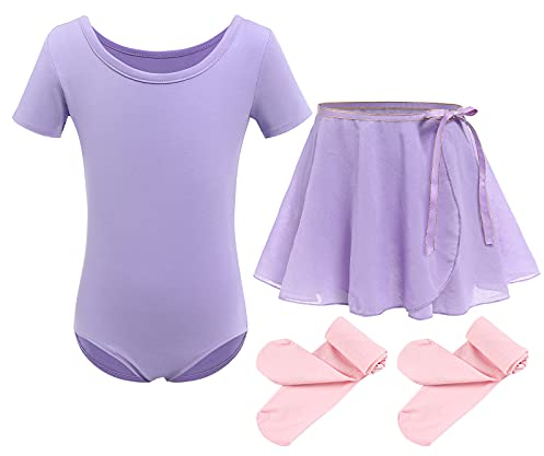 Mädchen Ballettkleidung Kinder Ballettkleid Baumwolle Kurzarm Balletttrikot Tanzbody Ballettanzug Tanzkleid Gymnastik Trikot mit Tütü Chiffon Wickelrock Strumpfhosen Set Tanzkleid Violett 8-9 Jahre