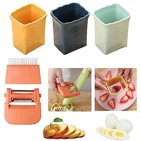 Qivine 3Pcs Cup Slicer with 3-in-1 Brush Peeler, Handheld Grape Fruit Cutter with Stainless Steel Blade, Strawberry Cutter Fruit Cutting Cup Slicer for Quickly Making Vegetable Fruit Salad