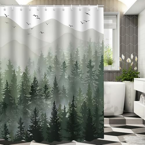 Lerores Duschvorhang 180x200cm, Wald Antischimmel Textil, Beschwerter Saum Wasserabweisend, Waschbar Polyester Stoff Badevorhänge 12 mit Ösen und Duschvorhangringe für Badezimmer, Badewanne