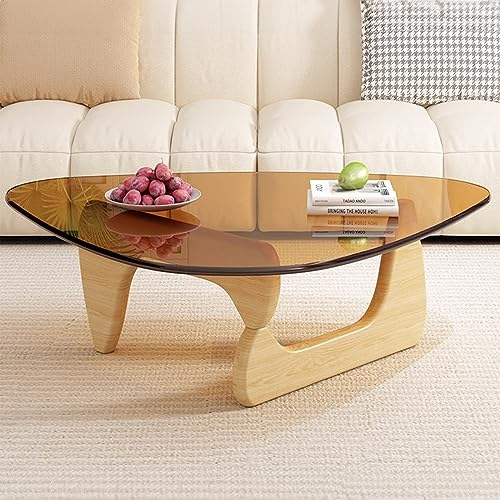 Mesa de centro de cristal triangular, mesa auxiliar moderna vintage, base de madera maciza y acento superior de cristal transparente, para sala de estar, patio
