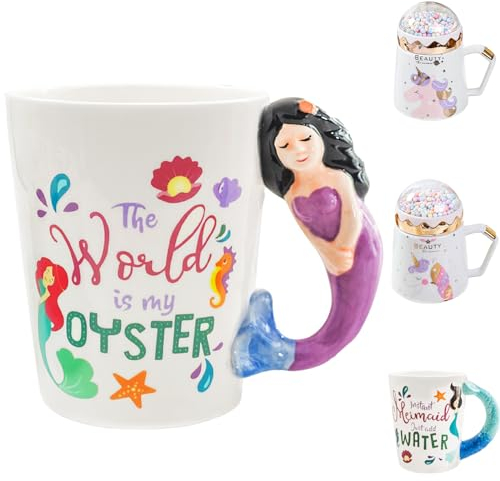Meerjungfrau Tasse aus Keramik, 500ml Meerjungfrau Becher mit 3D Henkel, Meerjungfrau Weihnachten Geschenk für Geburtstage Frauen, Kinder, Mädchen, Freundin (Lila)