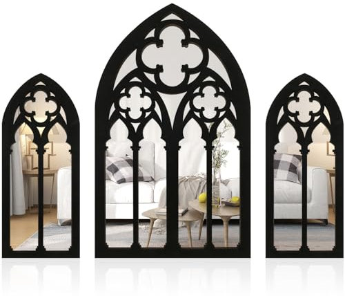 PandaHug Lot de 3 miroirs gothiques pour décoration murale, miroir d'arche murale en acrylique, miroir vintage pour fenêtre de cathédrale, miroir d'entrée avec cadre en bois pour salon, salle de bain,