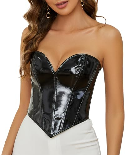 WERFORU Leder Korsett für Damen Kunstleder Corsage Trägerloses Korsett Top Reißverschluss Bustier Weste Schwarz