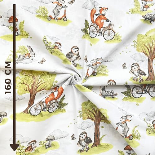 Textrend Baumwollstoff Meterware Kinder - Stoff zum Nähen - Kinderstoffe - Tiermuster - Textilien 1x1,6m (Füchse auf Fahrrädern auf einem weißen Hintergrund)