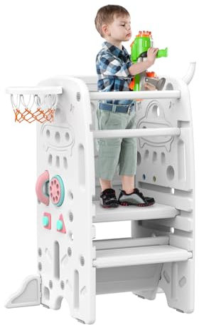 Gupamiga Lernturm für Kinder, Montessori Küchenhelfer, Learning Tower mit Kippschutz, 3 Stufen Höhenverstellbar (Weiß)