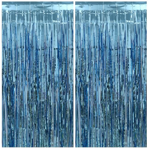 2 Stück Lametta Vorhang Hellblau, 1m x 2.5m Folien Fransen Lametta Vorhänge, Hellblau Luftschlangen Party Vorhänge für Geburtstag Deko, Party Deko, Hochzeit Deko, Happy Birthday Deko, Baby Shower Deko