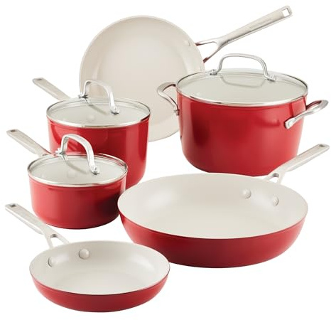 KitchenAid Hard Anodized Ceramic 9-Piece Nonstick Cookware Set – Includes Fry Pans, Saucepan, Stockpot, Durable, Even Heating, Oven Safe to 500°F, Empire Red