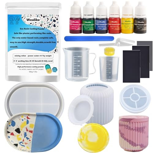 Wealike Kit per principianti in polvere per colata, composto di gesso di alta qualità a base d'acqua, include 3 stampi in silicone, 6 pigmenti, ecc. Kit completo in resina ecologica, 20-30 minuti di