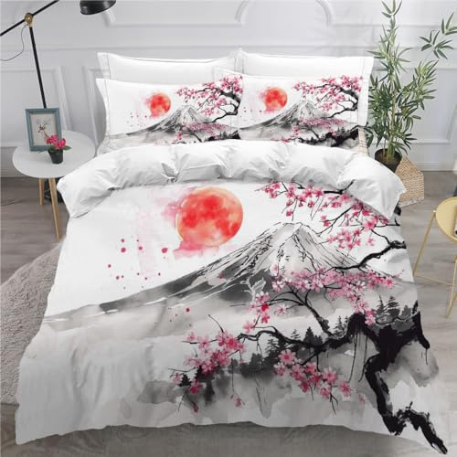 Housse de Couette 140x200 Japon Fleurs De Cerisier Parure de Lit 1 Personne Enfant Fille Garçon Imprimé 3D Housse de Couette Style Japonais Microfibre avec Fermeture Éclair et 2 Taies d'oreiller