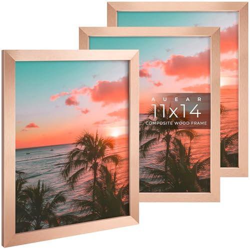 AUEAR, 11x14 Picture Frames Set of 3, with Mat for 8x10 or 11x14 without Mat, Engineered Wood Photo Frames with Plexiglass, Wall Mounting (Rose Gold)