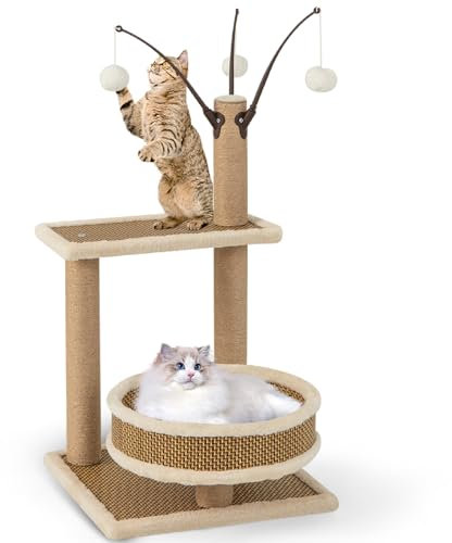 Maxmass Cat Tree, Indoor Kitten Tower with Rattan Mat, 3 Hanging Ball Toys, Sisal Scratching Posts, Platform & Spacious Bed, Cats Activity Center for Bedroom Living Room Pet Store