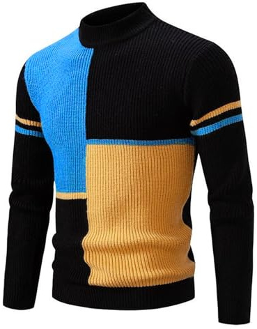 crazy bean Pull Homme Hiver Col Roulé Chaud Patchwork Pull en Tricot Plaid de Travail Sweatshirt Manche Longue Homme Chic Noir L