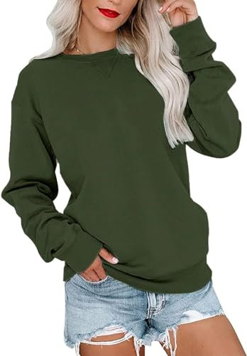 VIGVAN Damen Sweatshirt Pullover Elegant Basic Langarmshirt Rundhals Baumwolle Pulli Herbst Winter Casual Oberteile Langarm Tops (Armeegrün-1, S)