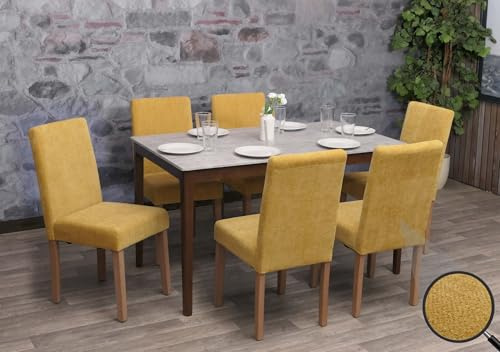 Mendler 6er-Set Esszimmerstuhl Littau - gelb, naturfarbene Beine | Stuhl, Küchenstuhl, Hochlehner, Stoff/Textil, Chenille, Holz