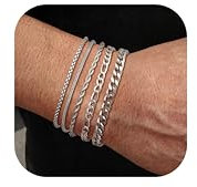 LOLIAS 5 Stück Silber Armbänder für Herren Edelstahl Armbänder Herren Kubanisches Gliederseil Figaro Kette Armband Set für Herren Damen Schmuck Geschenk für Männer ihn Vater Freund Ehemann