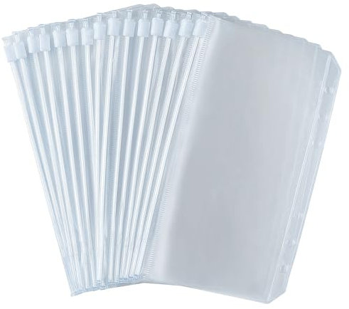 30 Stück A6 Binder Taschen, Transparent PVC 6-Loch Reißverschluss Ordner, Wasserdicht Kunststoff Bindertaschen, Geld Budget Umschläge für Notebook-Planer, Einlegeseiten Loseblattbeutel, Foto