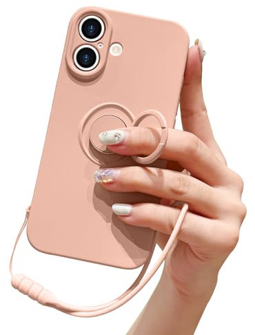 Pepmune Compatible with iPhone 16 Case Liquid Silicone with Ring Holder Kickstand Magnetic Car Mount Detachable Wrist Strap Shockproof Soft Protective Cover-Pink