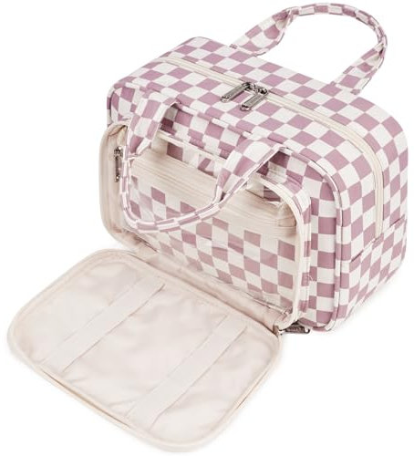 Kulturtasche Damen Gross & Kosmetiktasche Groß, Waschtasche Damen Make up Tasche für Herren & Volle Größe Kulturbeutel für Kinder (Staubige Rose Schachbrett)