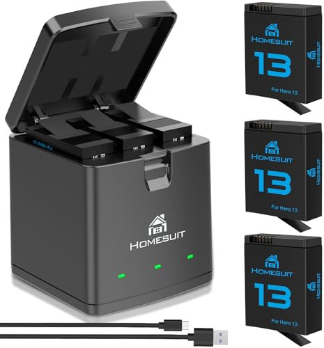 Homesuit Hero 13 Battery 2100mAh and LED 3-Slot Storage Charger for Hero 13 Black Enduro Rechargeable Battery with Type-C (2-Pack)