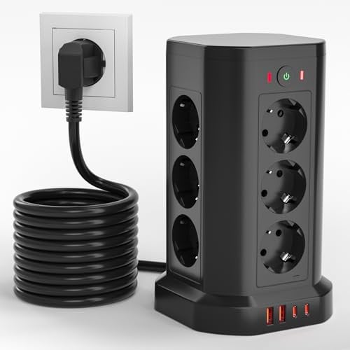 16-IN-1 Steckdosenleiste mit USB Mehrfachsteckdose Überspannungsschutz mit Schalter, 12 Fach Steckdosenturm mit 2 USB-C und 2 USB-A für Büro Küche Tisch