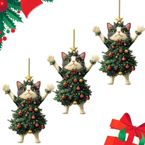 Black of Friday Cat Christmas Ornament, Xmas Tree Decorations Acrylic Hanging Ornaments, Cute Black White Cats Hanging Ornaments, Wearing Christmas Trees Dress Cat Ornament (White*3PCS)