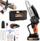 Tronçonneuse sans fil 21 V, 6 pouces, orange, mini tronçonneuse avec batteries, 2 chaînes, tronçonneuse électrique à une main, avec serrure de sécurité, pour jardinage, taille d'arbre, coupe du bois