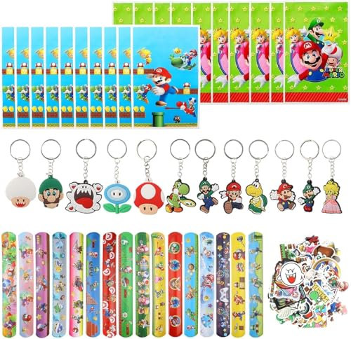 98 Pièces Mario Cadeaux de Fête Pour Enfants, Cadeau Anniversaire Thème de Dessin Animé avec 12 Porte Clef Enfant 50 Stickers Enfant 20 Sacs Cadeaux 16 Bracelet de Dessin Animé