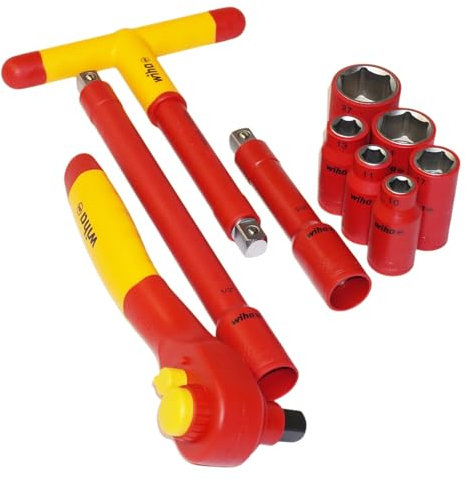 sopomarkt24 VDE Steckschlüssel Satz 1/2'' Ratsche mit T-Griff und Verlängerung, Isoliert bis 1000 V AC, Chrom-Vanadium-Stahl, 7 Steckschlüsseleinsätze (SW 10-27 mm), Kugelarretierung, Umschaltratsche