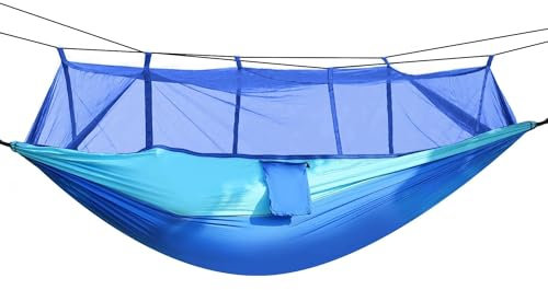 Hamacs, hamac 2 Personnes avec moustiquaire, pour randonnée en Plein air, Camping, balançoire Portable en Nylon, lit Suspendu, Charge de 600 LB (Bleu)