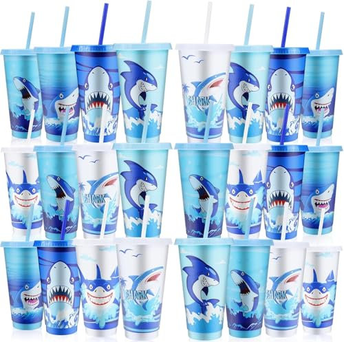 PQHIQ 24 Pcs Shark Cups with Lids and Straws Ocean Shark Party Favors 700 ml Plastic Drink Cups Reusable Tumblers Bulk Water Bottle for Birthday Gifts Ocean Animal Theme Party Supplies