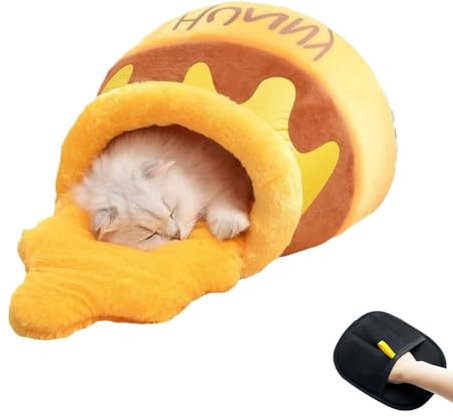 Hunny Pot Cat Bed, Semi-Closed Cute Winnie Honeypot Kitten Bed, Warming Cozy Faux Fur Multifunctional Soft Pet Honey Sofa, Removable Cushion Cave Sleeping Tent for Cats and Dogs
