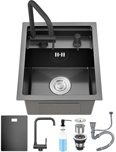 Ribanedy negro oculto fregadero cocina 1 seno, 30x45 cm, fregadero de acero inoxidable tipo undermount para bar/fregadero camper para camping y espacios pequeños