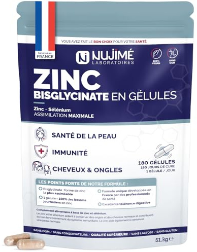 Zinc Bisglycinate 15mg + Sélénium | Dosage élevé | 180 gélules | | Peau, Ongles, Cheveux, Immunité | Sans additifs, conservateurs | Fabriqué en France