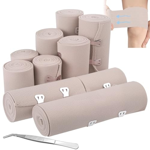 Elastiska Lindor 10-Pack, Elastisk Binda i 4 Storlekar (5/7,5/10/15 cm), Återanvändbart Kompressionsbandage med Metallklämmor, Stödbandage för Handled, Fotled, Knä, Armbåge och Sport