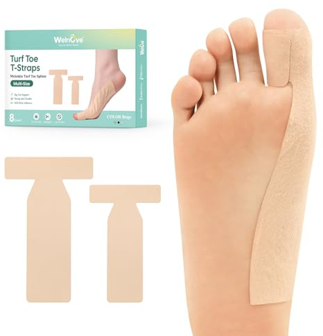 Welnove Turf Toe T-Straps – 8Pcs Moleskin Splints for Big Toe Injuries, Toe Wrap Elastic Tape, Adhesive Toe Straighteners for Women Men, Beige, Mixed Sizes (4 Small + 4 Large)