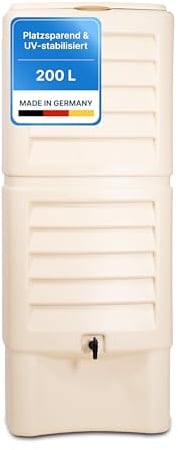 Hessentaler Container® Regentonne beige 200L /Wandregentonne – Platzsparend & UV-stabilisiert – Mit Auslaufhahn, Deckel und Anschlussmöglichkeiten für Regenrinne und Fallrohr – 100% Made in Germany