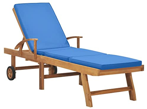 Mandloder Sonnenliege aus Massivholz Teak mit Blauer Auflage, Verstellbare Rückenlehne und Fußteil, Witterungsbeständige Gartenliege, Strandliege, Outdoor Liegestuhl mit Rollen