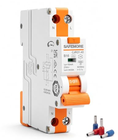 SAFEMORE FI/LS-Schalter B16 Typ A 30mA 1P+N 6kA 1TE TÜV-geprüft, Orange | 2-in-1: FI- und Leitungsschutz in einem Gerät. Platzsparende 1TE-Bauweise. Beidseitig einspeisba.