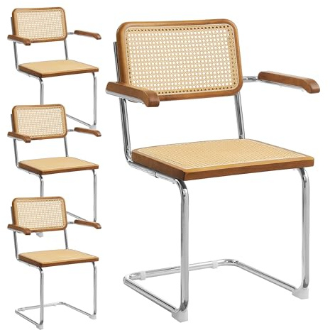 Zouron Esszimmerstühle 4er Set Rattan Stuhl Schwingstühle - Holzrahmen Freischwinger Stühle Geflochtene Rattan Rückenlehne Chrom Metallbeine Küchenstuhl - Olivbraun
