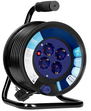 Miratic Kabeltrommel 25m | Verlängerungskabel mit 4 Schuko-Steckdosen | PVC-Kabel H05VV-F 3G1,5mm² mit Erhöhtem Berührungsschutz (Shutter) | IP20 Für den Innenbereich