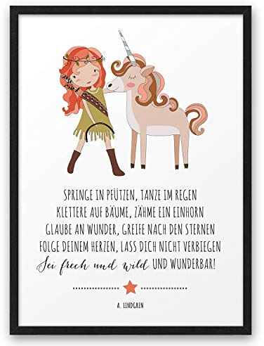 MÄDCHEN EINHORN FRECH WILD | ABOUKI Kunstdruck | Bilder Kinderzimmer Deko Poster Kinderzimmer Bilder Jungen Mädchen Wandbilder Babyzimmer Kinder Kinderbilder Tierbilder | DIN A4 ohne Rahmen