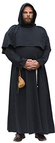 Battle-Merchant Mönchskutte mit Kapuze und Kordel in schwarz oder braun - Mittelalter LARP Kostüm Mönch (Schwarz, S/M)