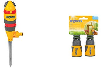 Hozelock Round Sprinkler Pro with 314m squared reach, with 5 different spray patterns and Hozelock HOZ2050AV Hose End Connector PLUS (12.5mm & 15mm) Twin Pack