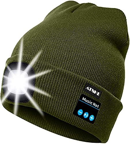 ATNKE LED beleuchtete Bluetooth-Beanie-Kappe, wiederaufladbare USB-Musikalische Laufmütze mit extrem hellem 4-LED-Licht wasserdichte Lampe für das Skifahren Wandern Camping Radfahren (Armee Grün)