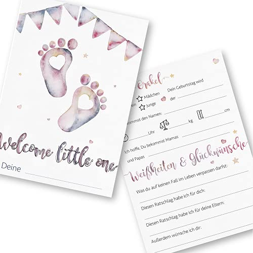 Babyparty Spiele rate mal Karten (25 Tippkarten auf Deutsch), Motiv Babyfüße- Babyshower Ratespiel- mit neutraler Farbe für Mädchen oder Junge (lila/weiß)