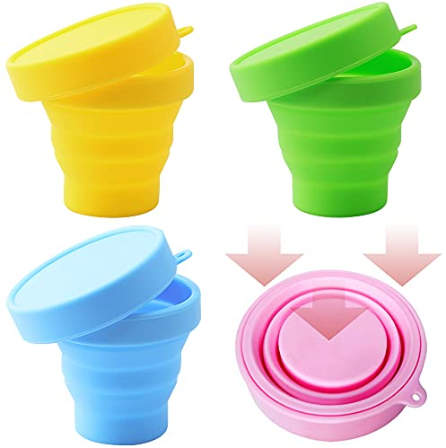 XiXiRan Taza de Silicona Plegable, Taza Plegable Camping, Taza de Viaje de Silicona, Taza Plegable con Tapa, Vaso Portatil Plegable, Vasos Plegables Silicona, Taza de Camping de Silicona (4 Piezas)