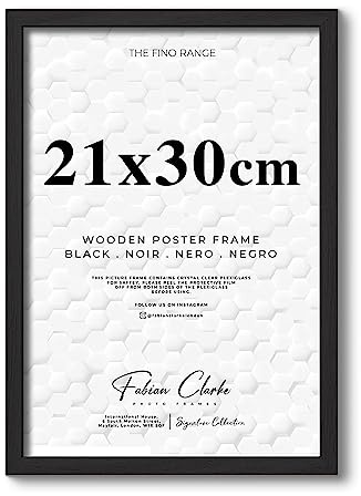 Fabian Clarke London® 21x30cm Modern Black Wooden Picture Photo Frame A4 Photo Frame Ideal for Prints and Posters Hang Portrait or Landscape