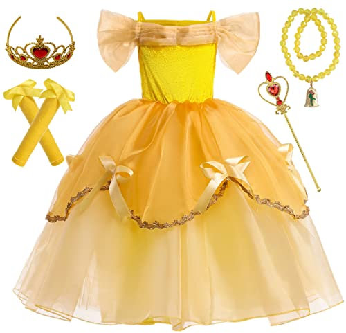 IWFREE Bambina Vestito da Principessa Bella Ragazza Cosplay La Bella e la Bestia Giallo Tulle Maxi Abito Sera con Manica e Collana di Rose per Halloween Carnevale Compleanno Festa Cerimonia Costume
