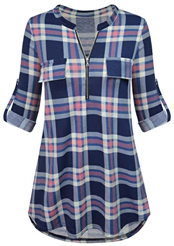 Odosalii Women's Plaid Tunic Blouse with Zip Up V Neck and Floral Print, Long/Short Sleeve Polo Top | Rolled Up Sleeve/Decorative Pockets/Comfy Soft Fabric/Smart Casual Outfit/Elegant A-Line Plain Shirt/Easy to Layer