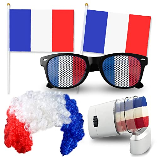 Frankreich-Fan-Set – 4 Zubehörteile: Perücke + Brille + Make-up + Flagge blau weiß rot – gehen Sie die blauen